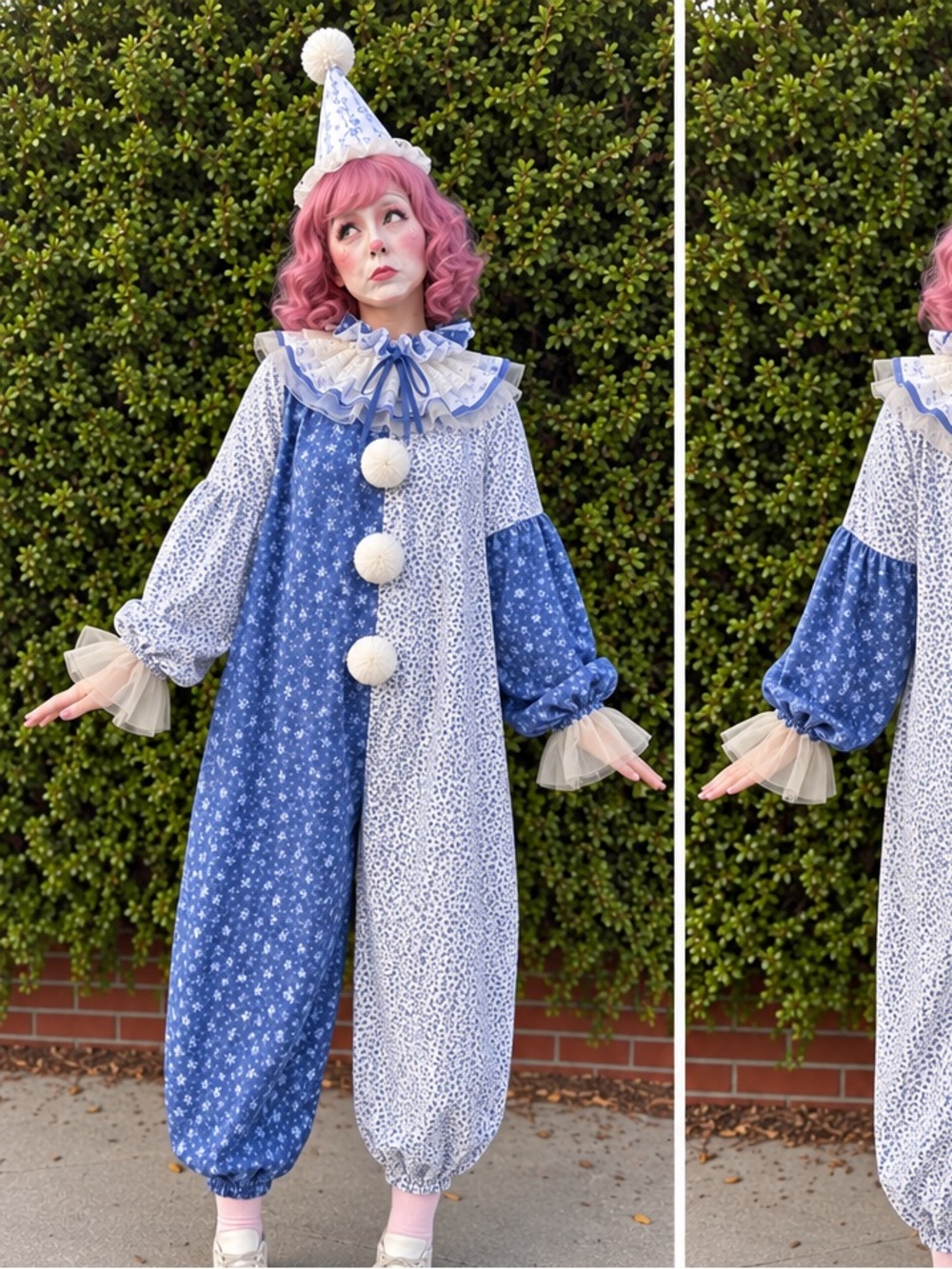 Handmade Blue & White Pierrot Clown Costume + Pink Wig & Hat